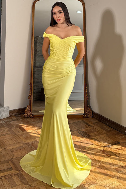 Mermaid Satin Off Shoulder Prom Dresses Long Sheath Evening Formal Gowns for Women HE1031