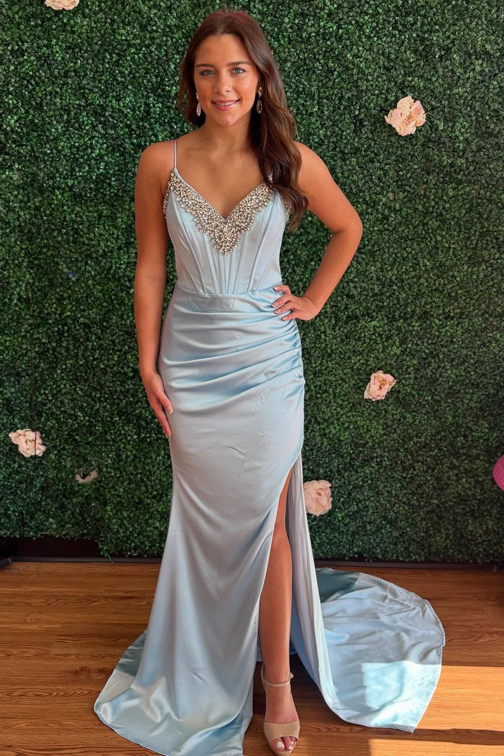 Women's Mermaid Satin Corset Beaded V Neck Prom Dresses Long with Side Slit HE1030