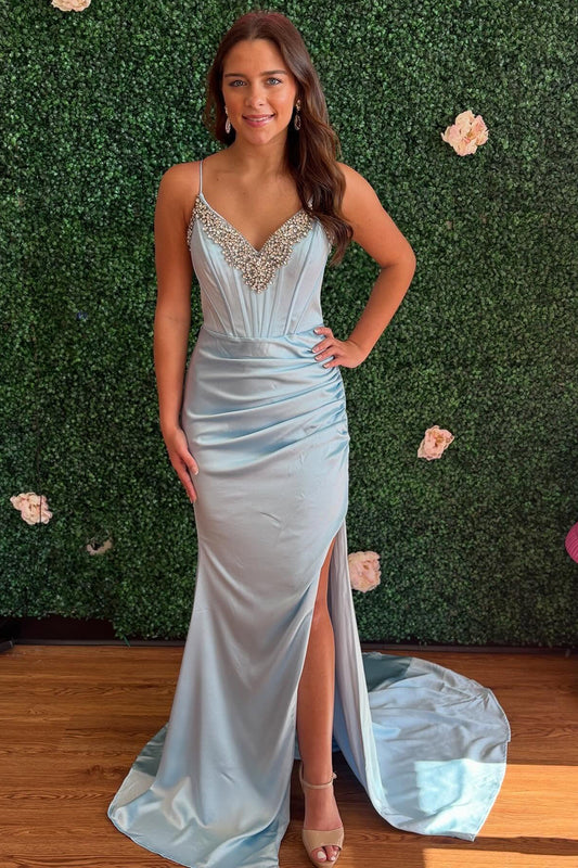 Women's Mermaid Satin Corset Beaded V Neck Prom Dresses Long with Side Slit HE1030