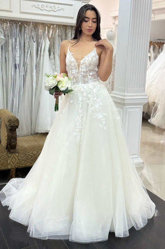 Boho Lace Wedding Dresses for Bride A Line Tulle Appliqued Beach Wedding Gowns HE997