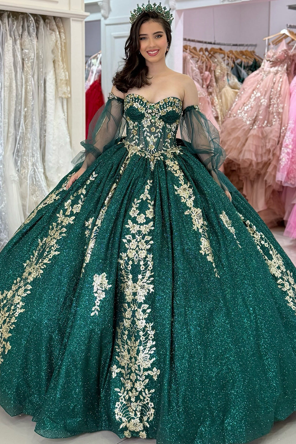 Vestidos de quinceañera con hombros descubiertos, tul princesa, apliques, vestidos de quinceañera HE530