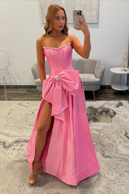 Women's Satin Corset Beaded Prom Dresses Long A Line Formal Party Gowns with Bowknot HE1079