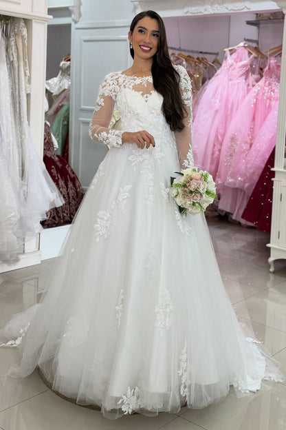 Women's Long Sleeves Tulle Wedding Dresses Lace Appliqued Bridal Gowns HE1109