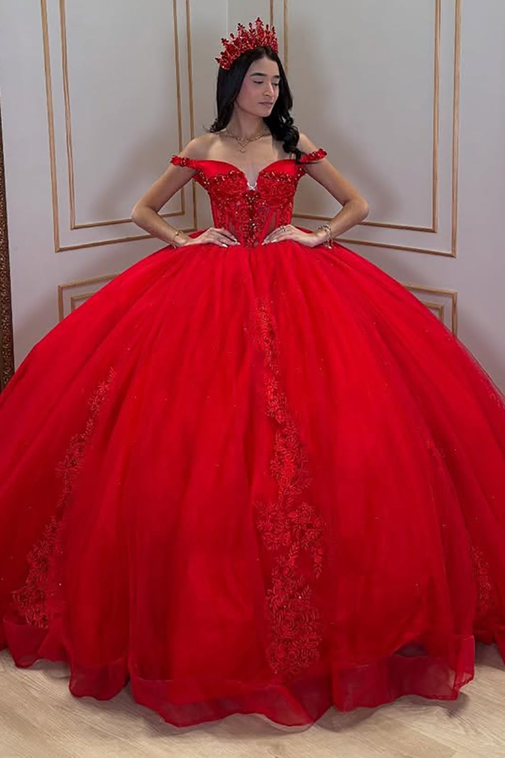 red sweet 16 dress Ball Gown Tulle Lace Appliqued Sweet 16 Red Quinceanera Dresses HE712 –  Hebebridal
