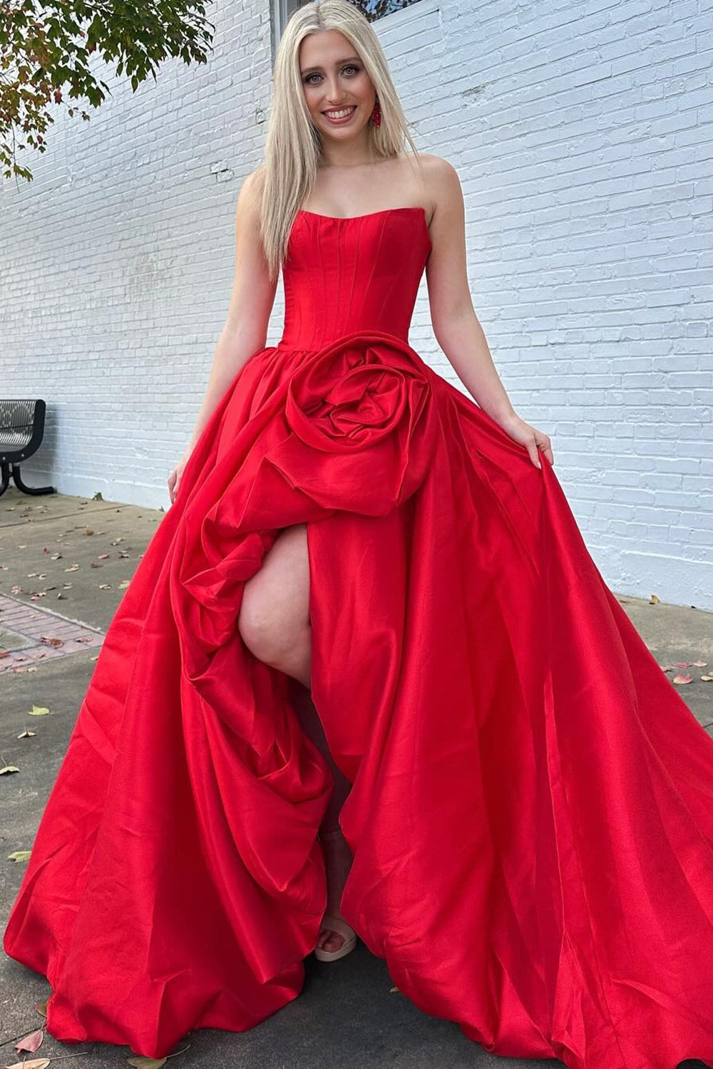 Women's A Line Satin Corset Long Prom Dresses Strapless Evening Party Gowns with Slit HE1091