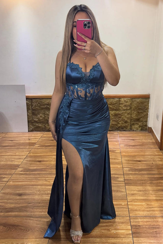 Mermaid Satin V Neck Prom Dresses Long Corset Lace Evening Party Gowns with Split HE1095