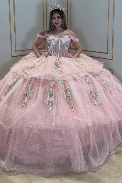 Off Shoulder Pink Corset Tulle 3D Flowers Princess Quinceanera Dresses – Hebebridal