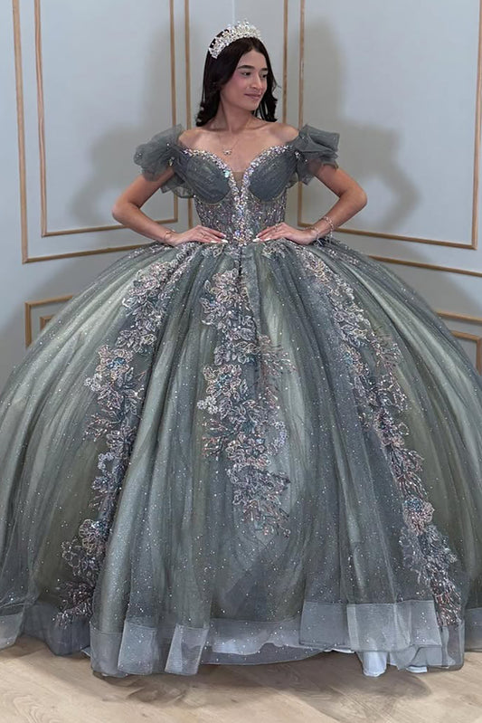 Off Shoulder Glittery Tulle Lace Appliqued Sweet 16 Quinceanera Dresses HE765