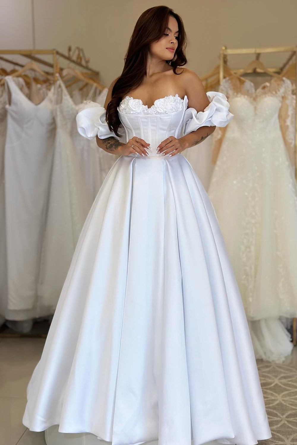 Women's Sweetheart A Line Satin Corset Appliqued Wedding Dresses for Bride HE986