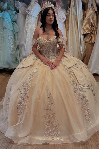 Off Shoulder Champagne Quinceanera Dresses Princess Lace Appliqued Par – Hebebridal