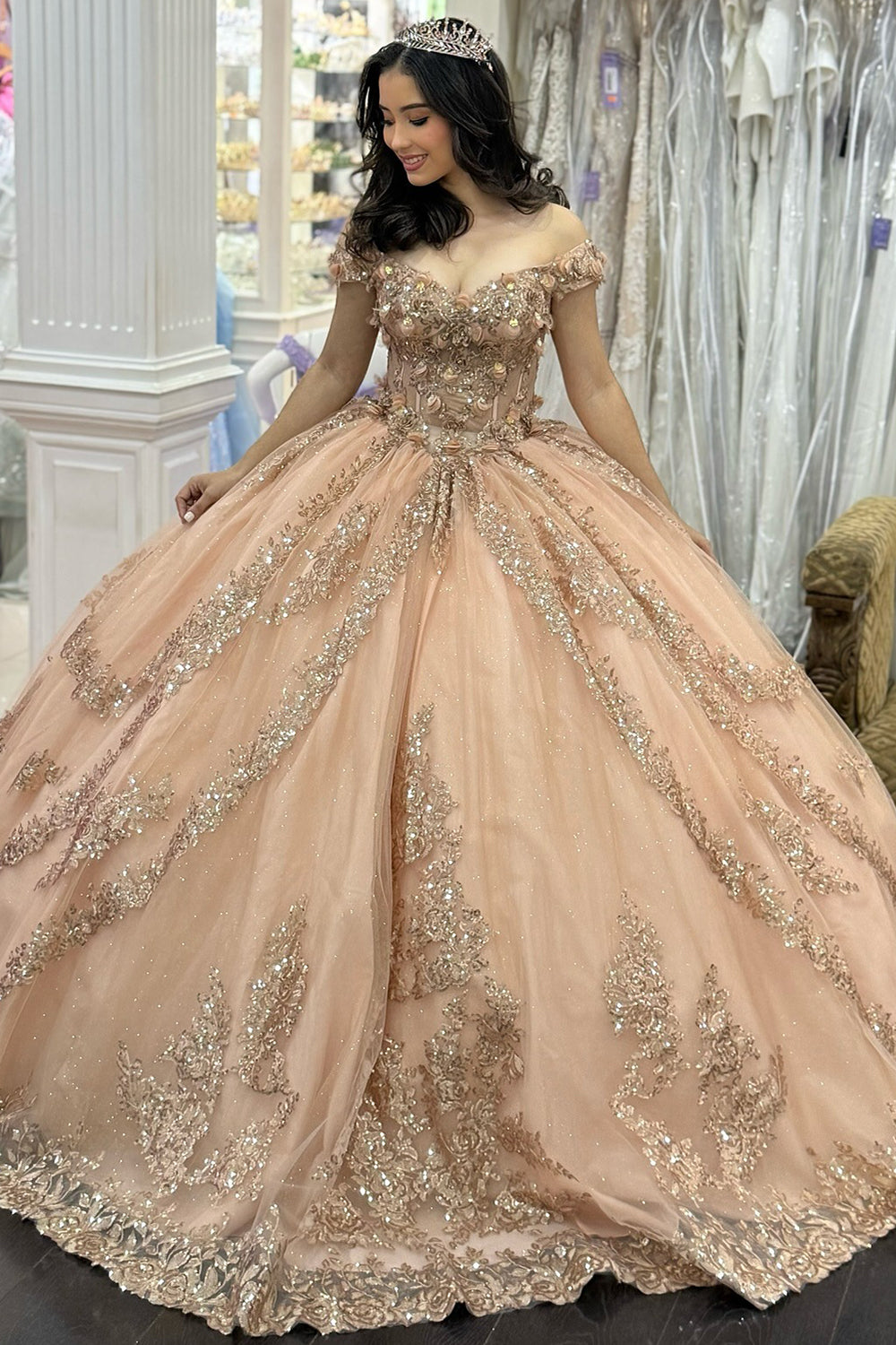 Off Shoulder Champagne Tulle Appliqued Beaded Swweet 15 16 Quinceanera