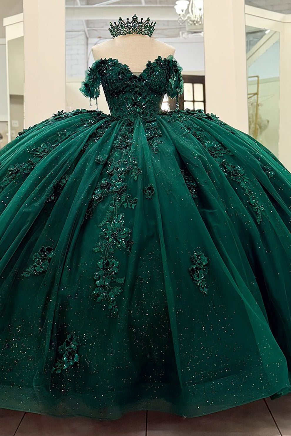 Emerald Green Tulle Appliqued Off Shoulder Quinceanera Dresses for Swe