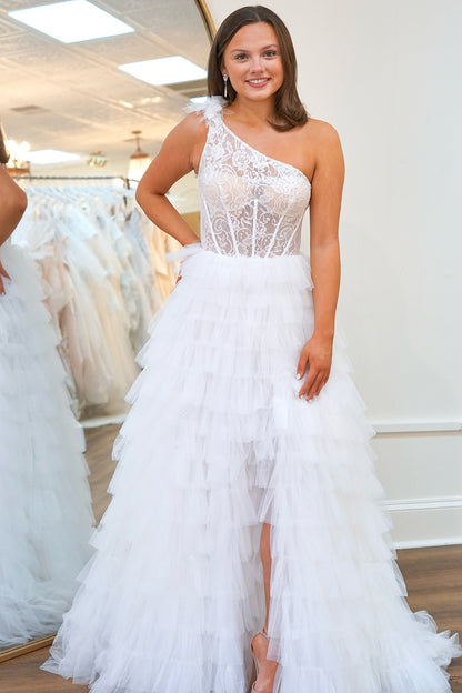 Women's One Shoulder Tulle Ruffled Prom Dresses Corset Lace Evening Party Gowns HE1093