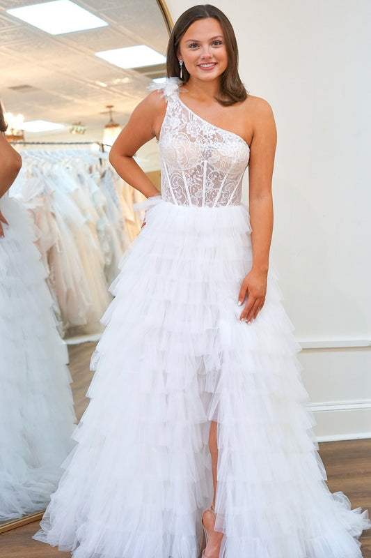 Women's One Shoulder Tulle Ruffled Prom Dresses Corset Lace Evening Party Gowns HE1093