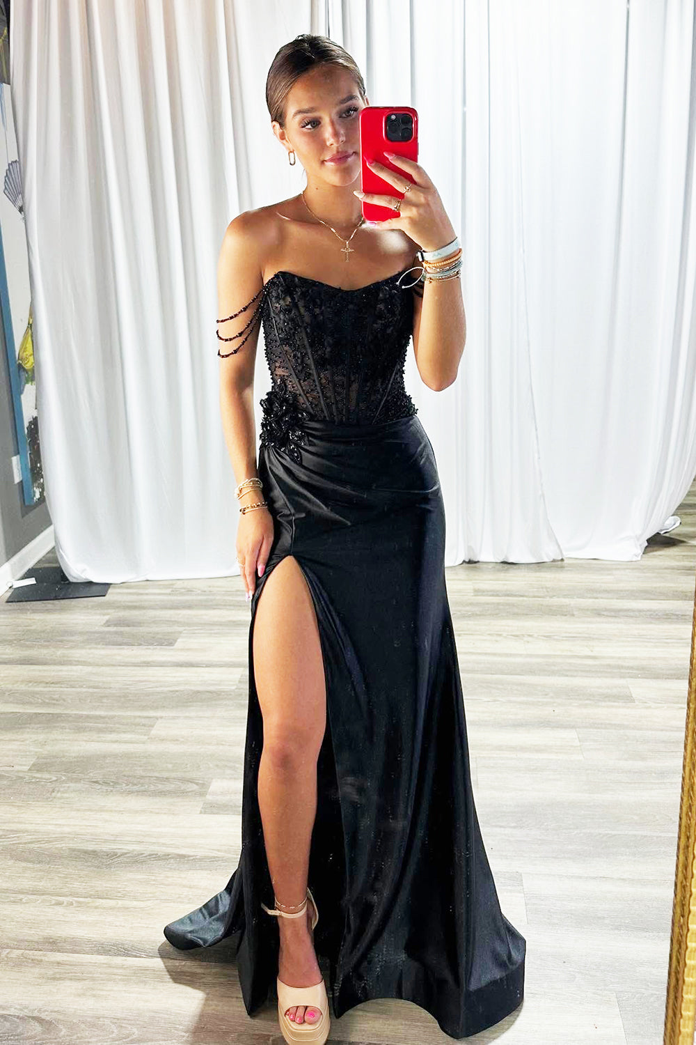 Women's Satin Corset Sequin Beaded Black Long Prom Dresses with Side Slit HE979