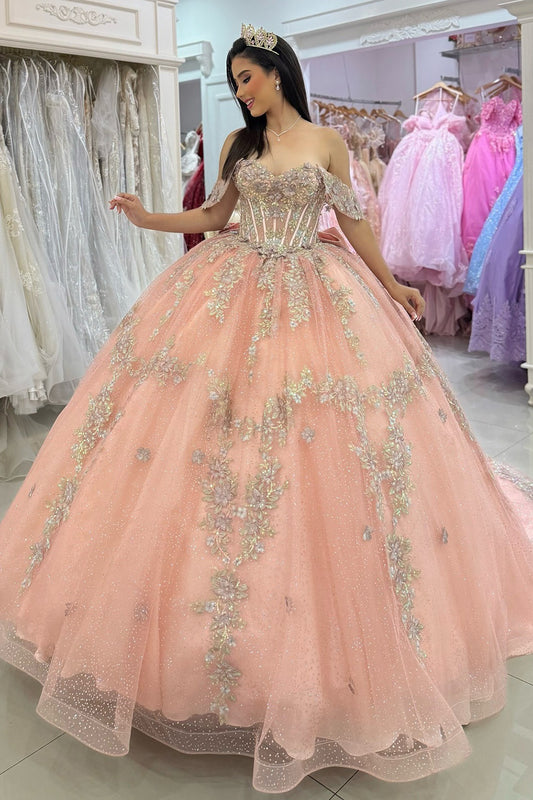 Ball Gown Off Shoulder Quinceanera Dresses Tulle Appliqued Sweet 16 Party Gowns with Bow HE1071