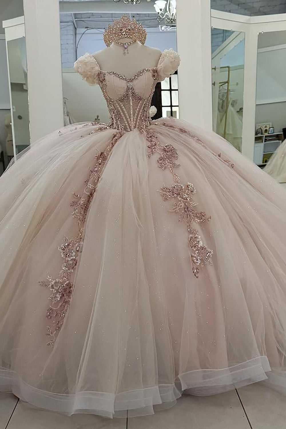 Off Shoulder Pink Tulle Appliqued Beaded Sweet 16 Quinceanera Dresses for Birthday HE929