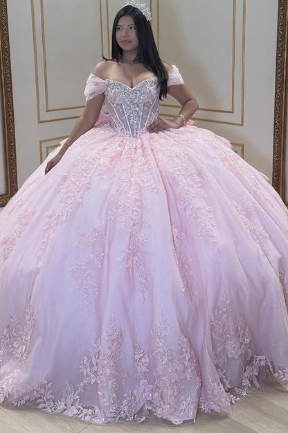 Princess Ball Gown Lace Appliqued Sweet 16 Pink Quinceanera Dresses for Birthday HE1017