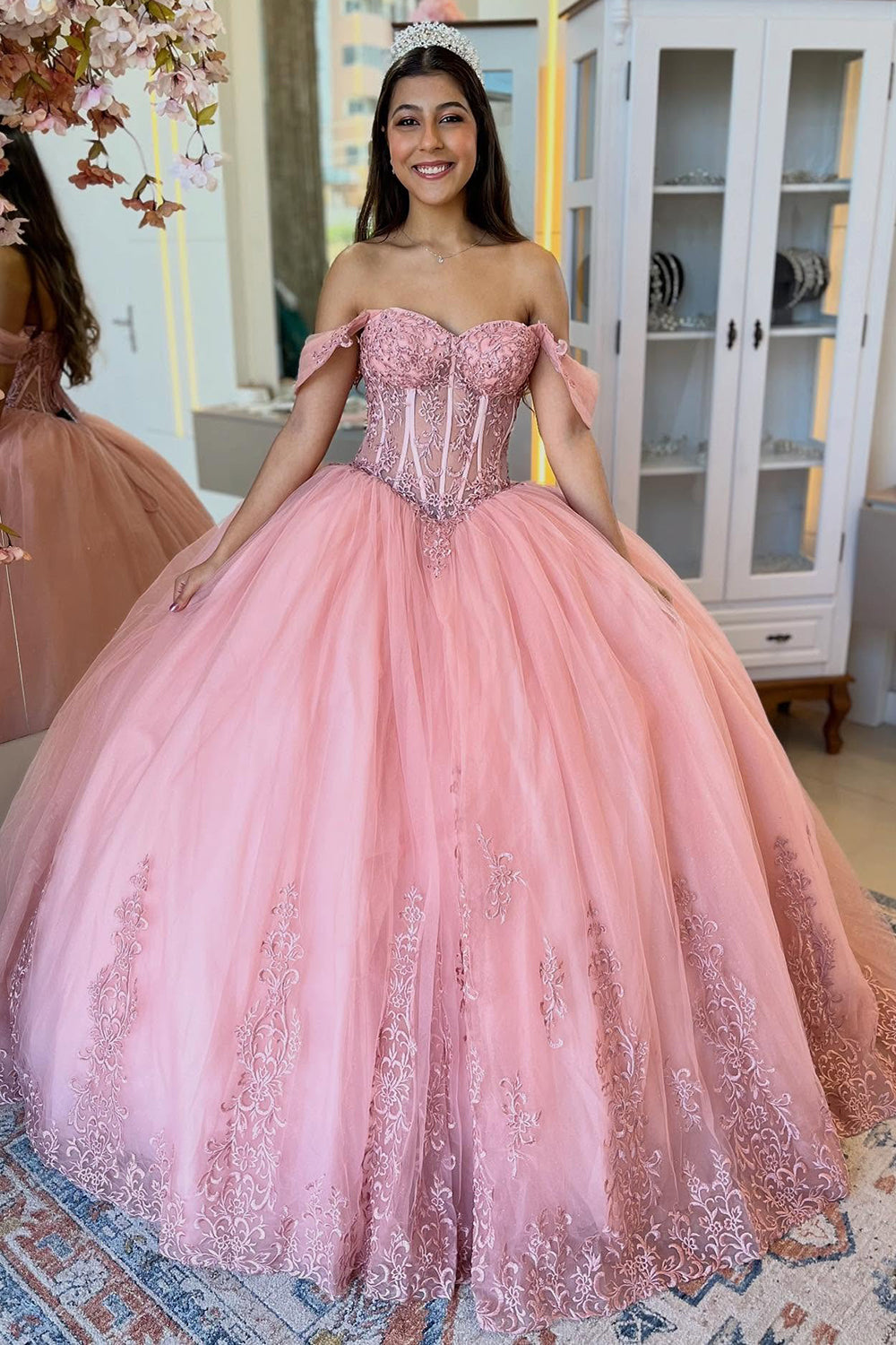 Tulle Lace Appliqued Pink Quinceanera Dresses Corset Sweet 16 Birthday