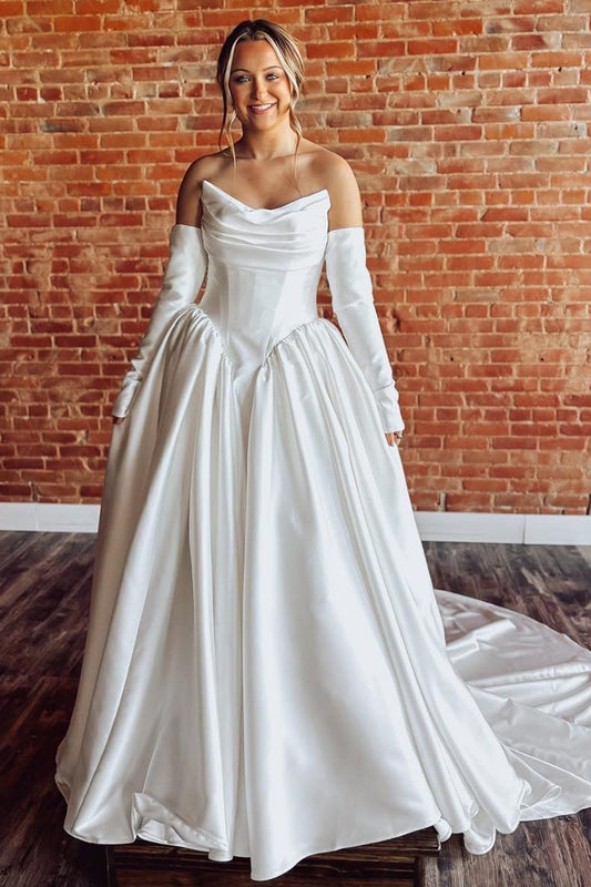 Women's A Line Satin Corset Wedding Dresses Strapless Wedding Gowns with Long Sleeves HE1105