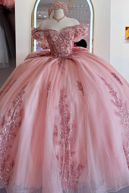 Gorgeous Princess Ball Gown Pink Quinceanera Dresses Tulle Appliqued Sweet 16 Party Gowns HE1051