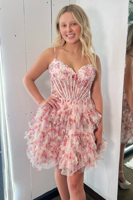 A Line Chiffon Ruffles Floral Print Corset Homecoming Dresses for Juniors HE783