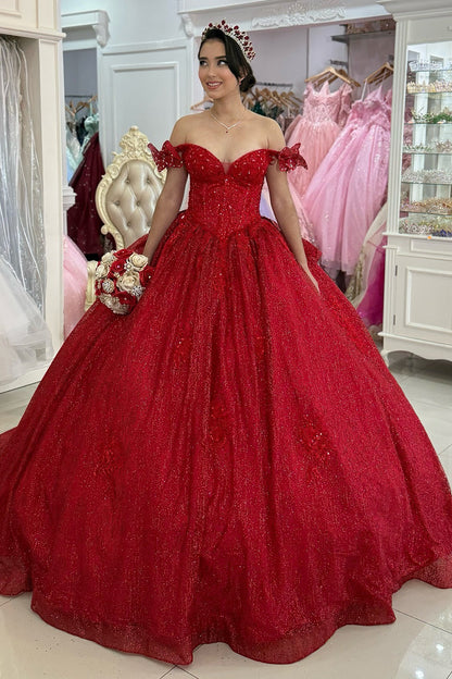 Off Shoulder Glittery Sequin Beaded Red Quinceanera Dresses for Sweet 16 HE1006