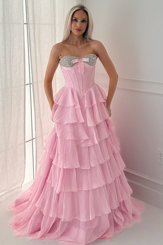 Sweetheart Corset Crystal Beaded Prom Dresses A Line Chiffon Ruffled Evening Gowns HE1101