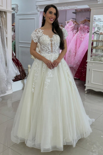 Tulle Lace Appliqued Beach Wedding Dresses A Line Boho Wedding Gowns for Women HE1110