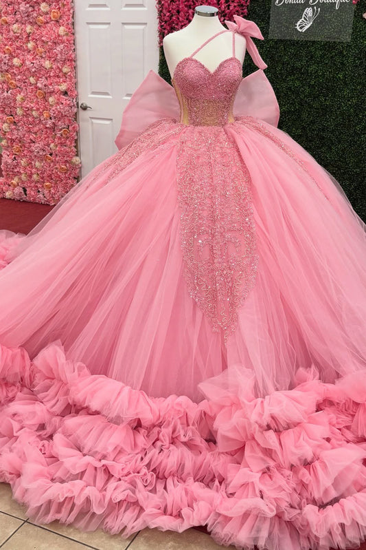 Ball Gown Tulle Ruffles Sweetheart Appliqued Pink Quinceanera Dresses for Sweet 16 HE950