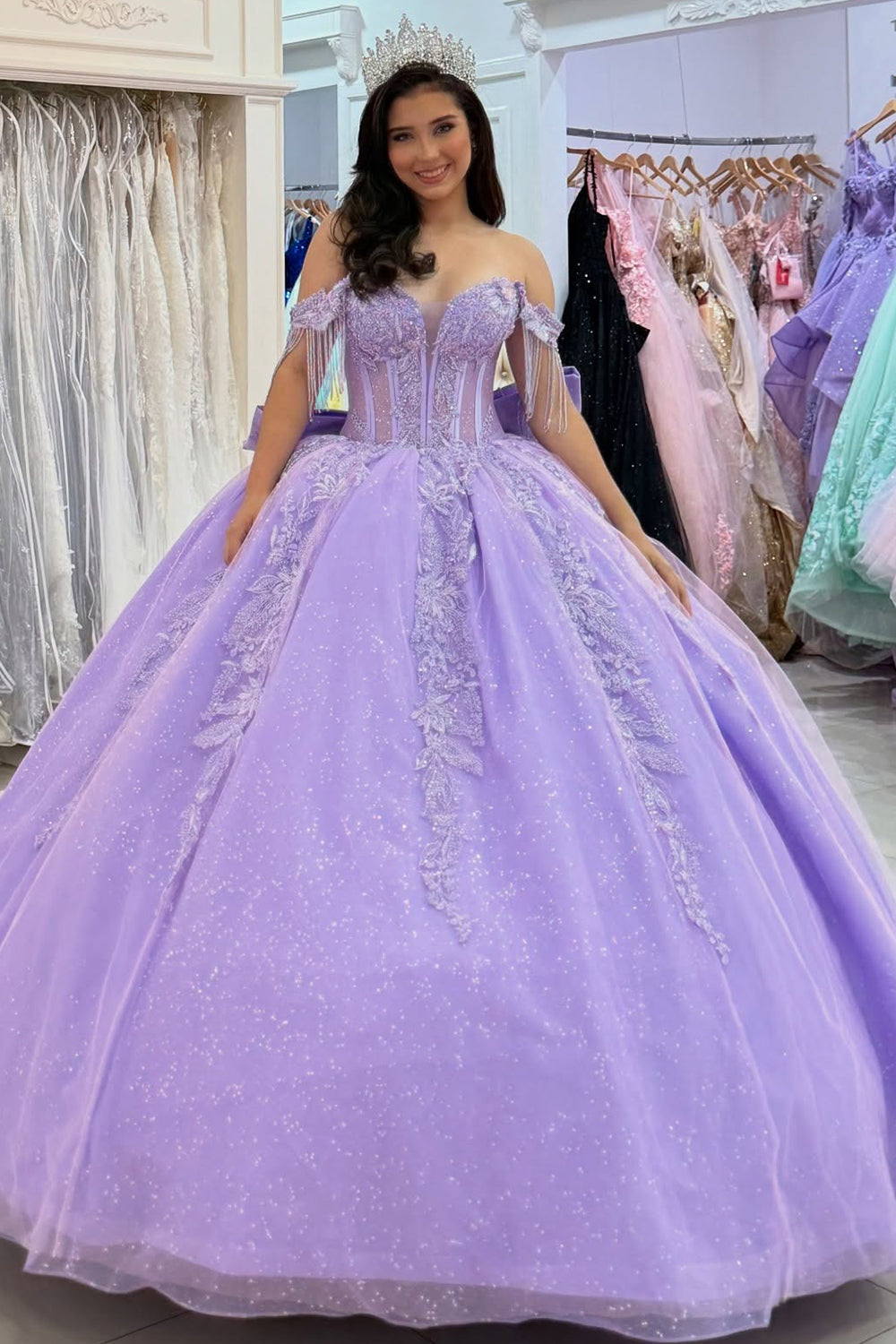 Glittery Tulle Off Shoulder Lilac Quinceanera Dresses Princess Sweet 16 Party Gowns HE1043
