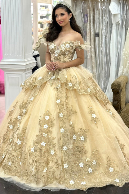 Princess Ball Gown Tulle 3D Flower Quinceanera Dresses Gold Sweet 16 Party Gowns HE1072