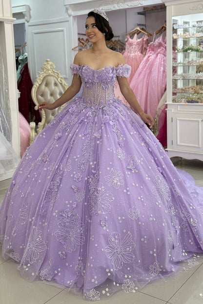 Off Shoulder Lilac Lace Beaded Corset Quinceanera Dresses for Sweet 16 Birthday HE1007