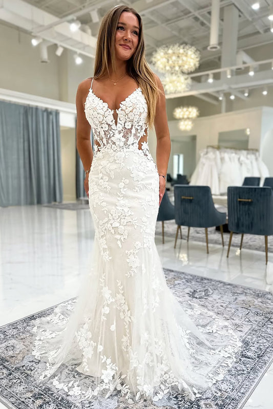 Mermaid V Neck Tulle Lace Appliqued Backless Wedding Dresses for Bride HE806