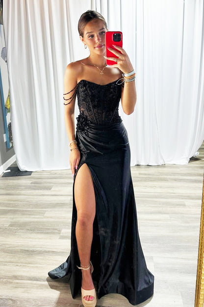 Women's Satin Corset Sequin Beaded Black Long Prom Dresses with Side Slit HE979