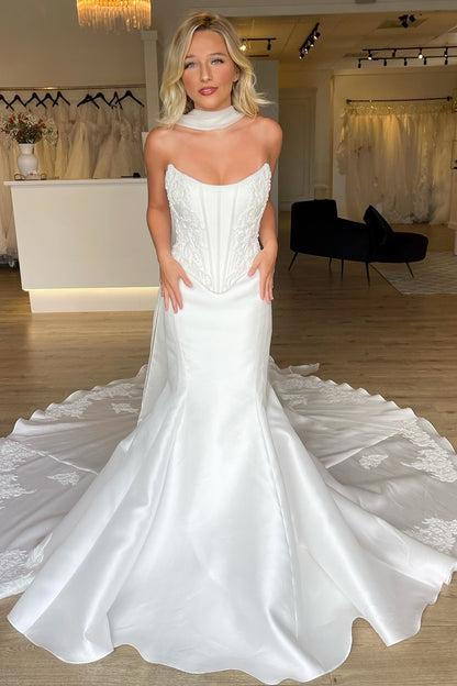 Satin Corset Lace Appliqued Wedding Dresses Mermaid Plus Size Wedding Gowns for Bride HE1000