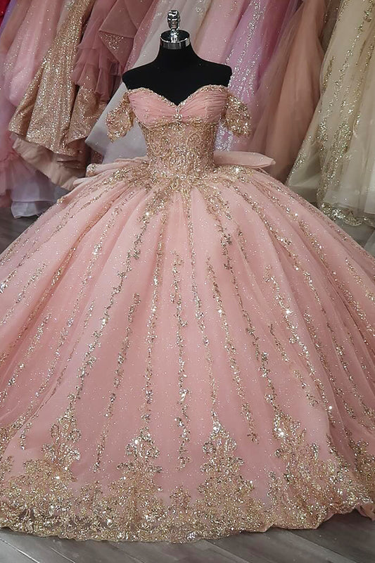 Glittery Tulle Corset Sequin Beaded Pink Quinceanera Dresses for Birthday Party HE956