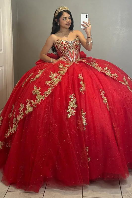 Sweetheart Corset Tulle Lace Appliqued Red Quinceanera Dresses for Sweet 16 HE816