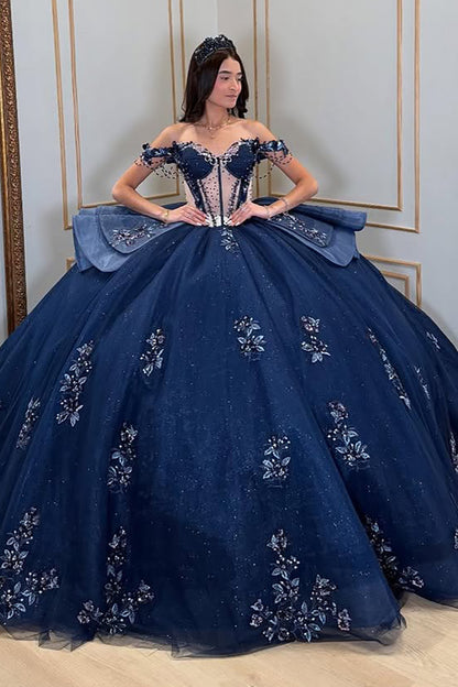 Navy Blue Off Shoulder Ball Gown Tulle Lace Appliqued Quinceanera Dres – Hebebridal