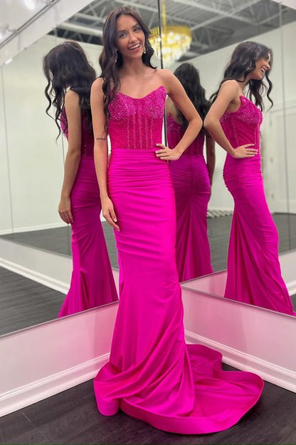 Mermaid Satin Corset Sequin Beaded Long Prom Dresses for Women Evening Party HE976