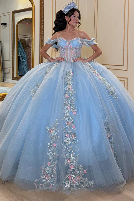 Princess Sweet 16 Quinceanera Dresses Tulle Appliqued Ball Gown Birthday Party Gowns HE1073