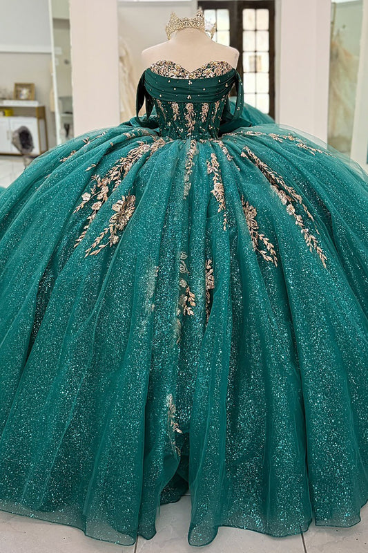 Gorgeous Glittery Tulle Appliqued Quinceanera Dresses Off Shoulder Sweet 16 Party Gowns HE1074