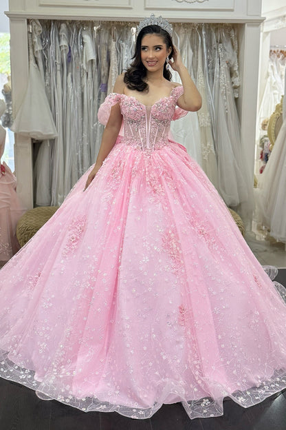 Off Shoulder Pink Lace Beaded Corset Sweet 16 Quinceanera Dresses HE1015