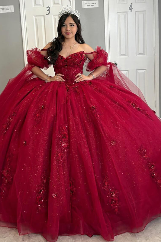 Glittery Tulle Lace Beaded Off Shoulder Red Quinceanera Dresses for Sweet 16 HE818