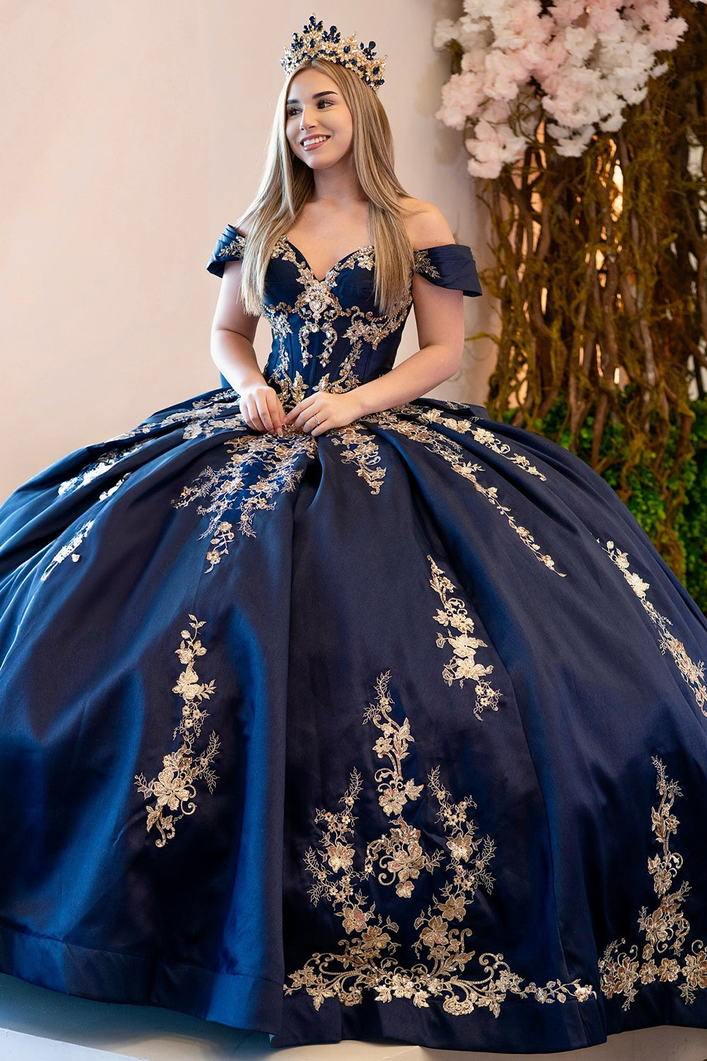 Gorgeous Ball Gown Satin Lace Appliqued Sweet 16 Navy Blue Quinceanera – Hebebridal