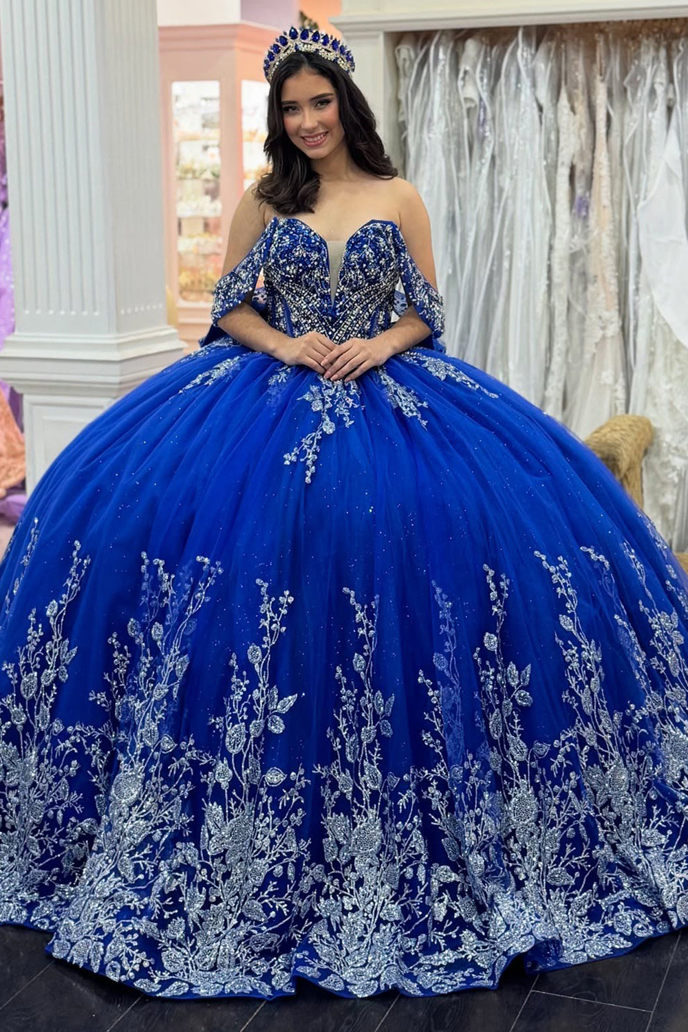 Off Shoulder Tulle Appliqued Beaded Royal Quinceanera Dresses for Sweet 16 HE1005