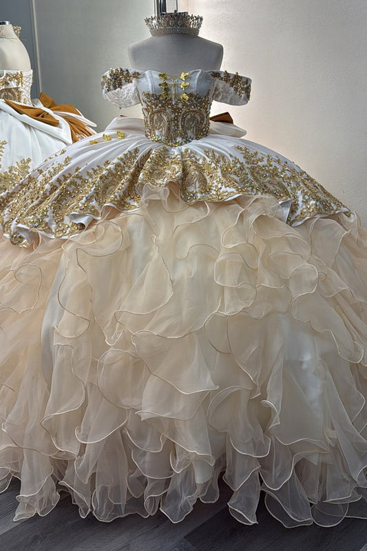 Off Shoulder Champagne Tulle Ruffles Lace Beaded Quinceanera Dresses for Sweet 16 HE933
