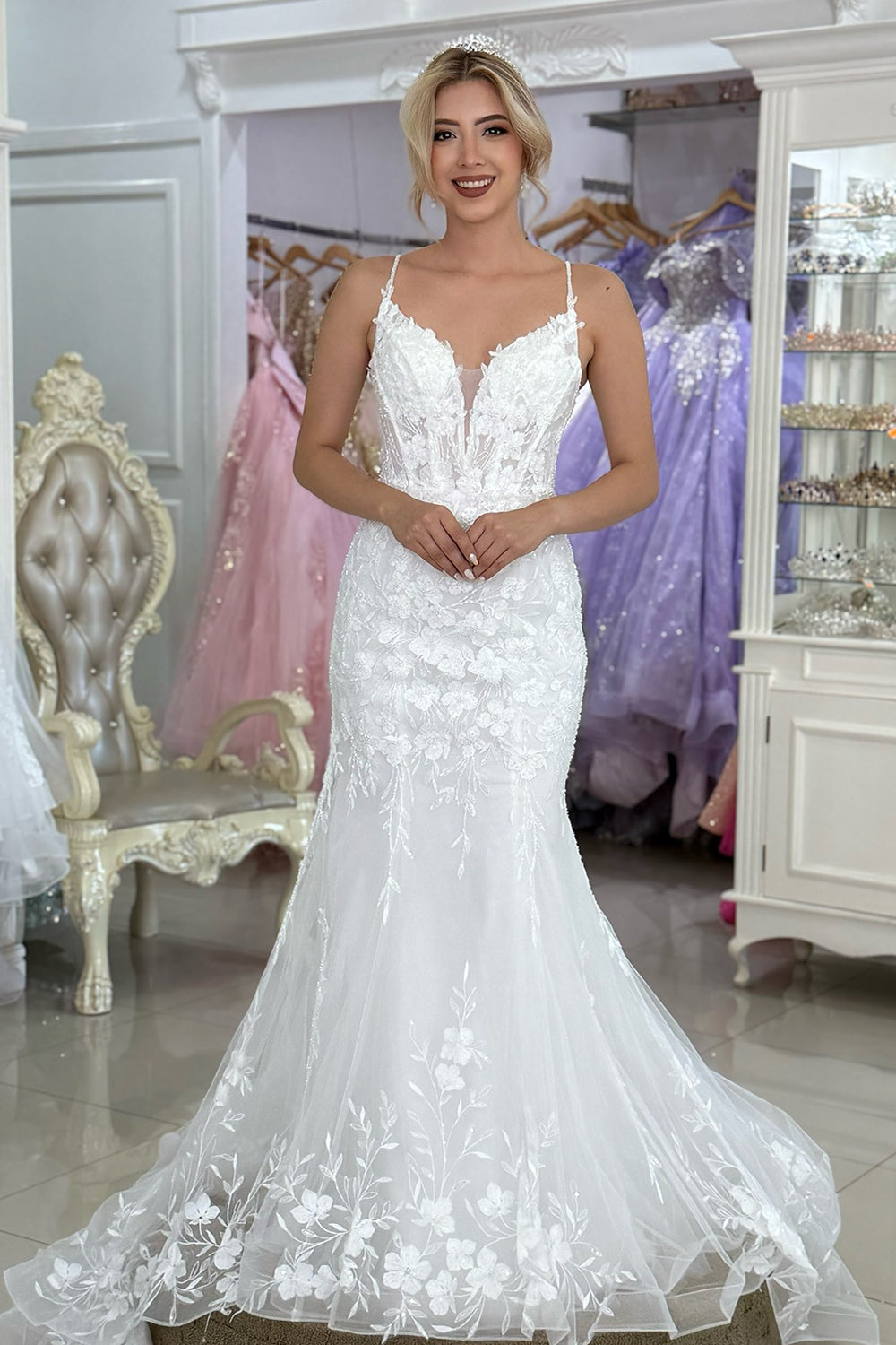 Mermaid Tulle Appliqued V Neck Boho Wedding Dresses Plus Size Bride Wedding Gowns HE993