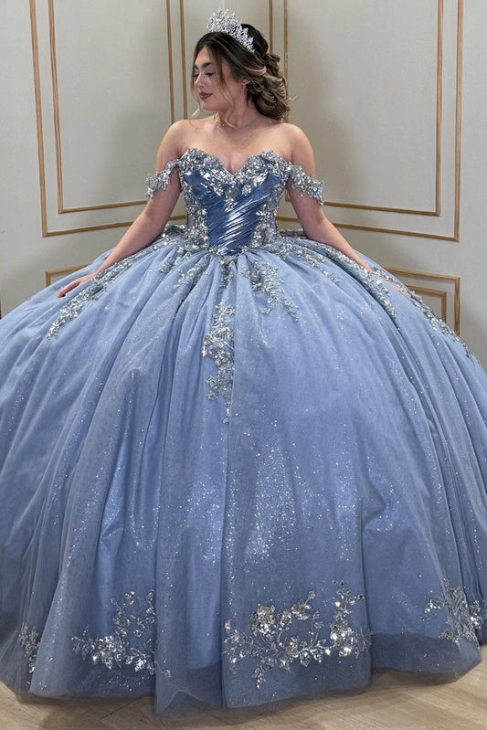 Off Shoulder Glittery Tulle Lace Beaded Quinceanera Dresses for Sweet 16 HE963