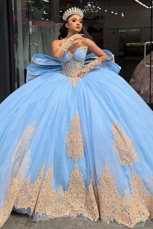 Sweetheart Tulle Lace Appliqued Princess Quinceanera Dresses with Detachable Sleeves HE960